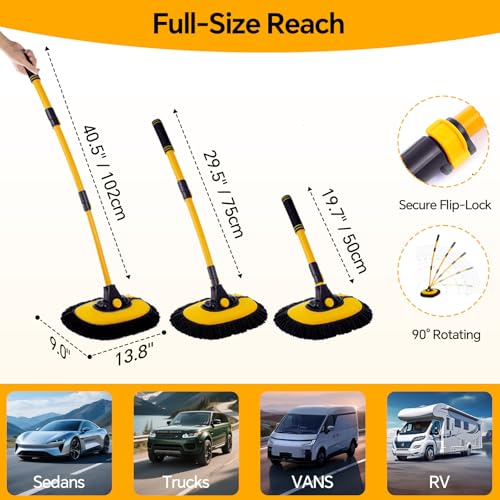 7 in 1 Car Wash Kit with 20L Folding Bucket & Brush, Extendable Car Wash Brush with 40.5" Long Handle, 15° Curved Aluminum Pole, Scratch-Free Microfiber Chenille Mop for SUV Truck RV, Yellow - color: Yellow