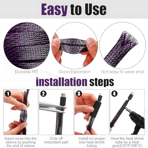 Tatuo 65.6 ft Braided Cable Sleeve Expandable Wire Sheathing (Purple) - color: Purple, size: 65.6 ft