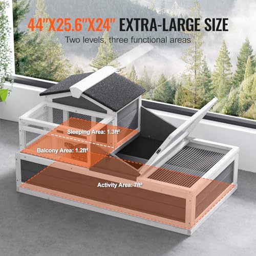 Happybuy 3-Room Tortoise House,Tortoise Habitat with Balcony & 2 Stories, Wooden Tortoise Enclosure Indoor & Outdoor with Ramp, Tray, Openable Roof, Large Reptile Cage, 44" x 25.6"x 24"