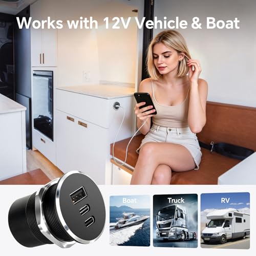 78W 12V USB Outlet with Silver Ring, Aluminum Car USB C Socket - color: 2Pcs