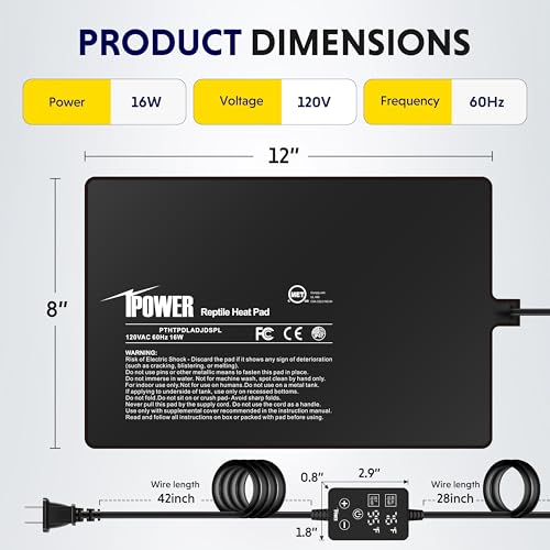 iPower 8 by 12 Inch 16W Reptile Heating Pad with Adjustable Thermostat, Under Tank Warmer Terrarium Heat Mat for Turtles/Snakes/Lizards/Frogs, and Other Reptiles - size: 8" x 12", style: Heat Pad - New