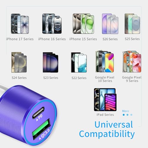 67.5W Purple Car Charger USB C Super Fast Charging for iPhone 17/Android - color: Purple, size: 3.3 ft
