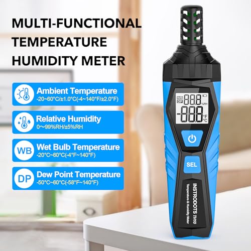 Temperature Humidity Meter - Handheld Thermometer Hygrometer with Ambient, Dew Point, Wet Bulb, High Precision Wet Bulb Thermometer, Dual Display Temperature & Humidity with LCD Backlight - color: Blue, size: TH10