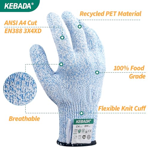 Kebada Cut Resistant Gloves, 100% Food Grade Cutting Gloves, ANSI A4 Level 5 Protection Anti Cut, Glass-Free and Steel-Free, Model C4, 6 Pairs, X-Large - color: Blue(6 Pairs), size: 10/X-Large