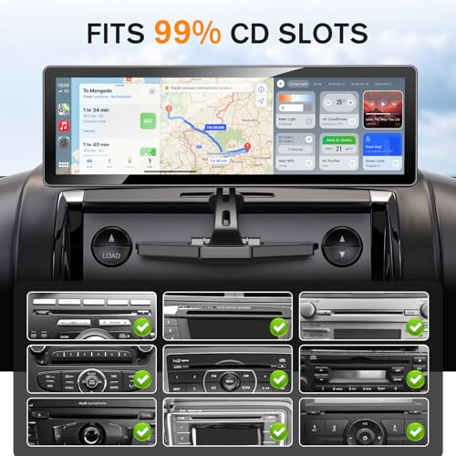 Extended Arm CD Slot CarPlay Screen Mount – Higher Viewing Position for Better Visibility, Extra Clearance for Various Dashboard Layouts, Compatible with 7"–10.26" CarPlay Displays - color: Black - Extended