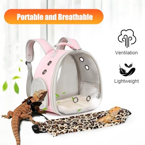 Portable Bearded Dragon Backpack Carrier with Leash and Harness Set, Beardie Carrier, Lizard Adjustable Harness with Leather Wings and Sling Bag, Reptile Small Pet Travel Cage - color: Pink