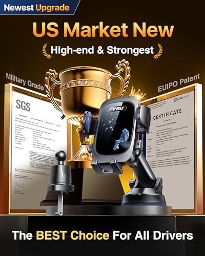 YRU True Military-Grade 360°Rotation Suction 2026 Ultimate Car Phone Holder - color: Dark Black