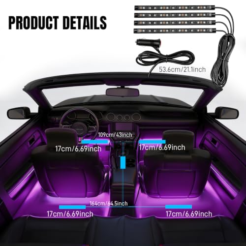 Car LED Strip Lights, Car Interior Lights, Footwell Lighting for Car with App and Wireless Remote Control, Ambient Lighting Car with Charger Music Sync, Universal for Cars Trucks SUVs