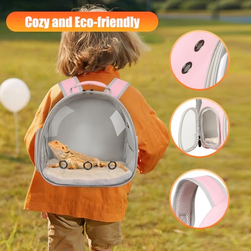 Portable Bearded Dragon Backpack Carrier with Leash and Harness Set, Beardie Carrier, Lizard Adjustable Harness with Leather Wings and Sling Bag, Reptile Small Pet Travel Cage - color: Pink