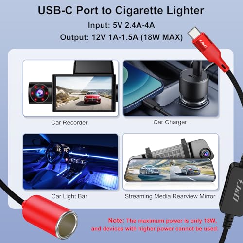 J&D USB C Male to 12V Car Cigarette Lighter Socket Female Converter Cable, 12V 18W Power Cable for Dash Cam, GPS, Car LED Light Strips, Red, 5 ft - color: Red, size: 5 ft