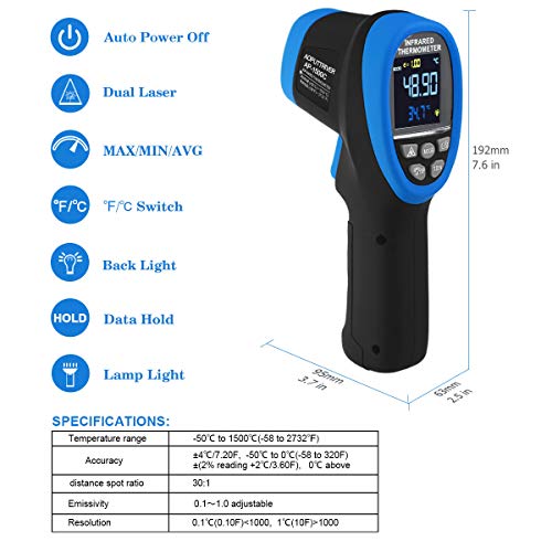 High Temp Thermometer Pyrometer -58℉- 2732℉,Dual Laser Industrial Pyrometer 30:1 Non Contact Digital Thermometer Gun with Large LCD Color Display Blacklight and Flashlight, Adjustable Emissivity - color: Colorful LCD AP-1500C
