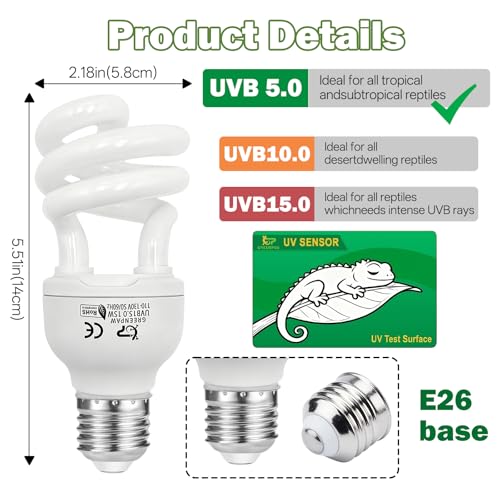 UVB Reptile Light 5.0: 15W Tropical & Subtropical UVA UVB Reptile Light Bulb, UVB Light for Reptiles Compact Fluorescent Terrarium Lamp,UVB Bulb for Chameleon Turtle Gecko Snake Include UV Sensor Card - size: 5.5INCH-5.0