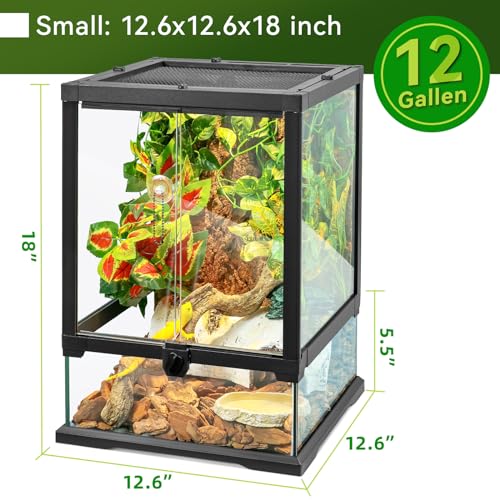 18x12x12 12 Gallon Glass Reptile Tank Front Opening Terrarium Suitable for Leopard Geckos, Snakes Tree Frogs Chameleons Watertight Base, Ventilated Metal Mesh Top, Pre-Drilled Cable Holes - size: 18'' x 12.6'' x 12.6''
