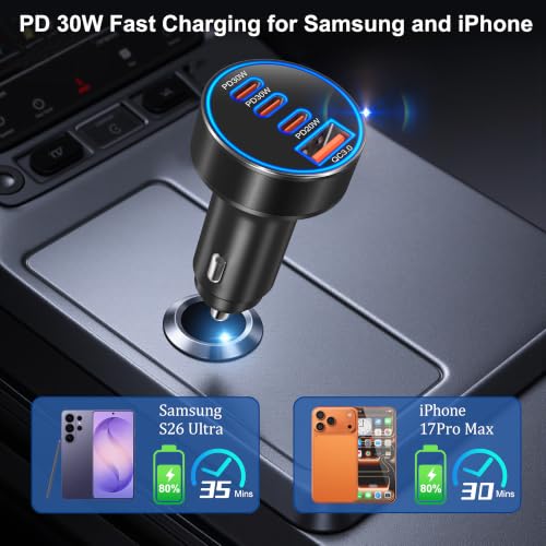 Car Charger USB C,98W 4-Port Super Fast Car Phone Cigarette Lighter Adapter - color: Black