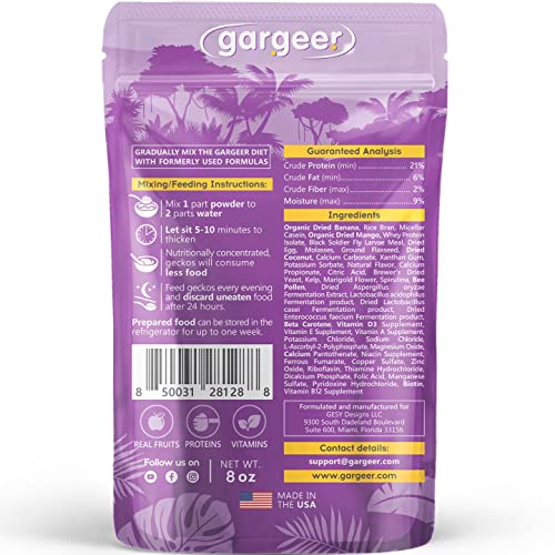 Gargeer 8oz Complete Crested Gecko Food Diet. Premium Mix, Ready to Use Freshly Made Powder. Unique Formula, Developed & Made in the USA. Enjoy! (Tropical + Insects Protein) - size: 8 Ounce (Pack of 1)