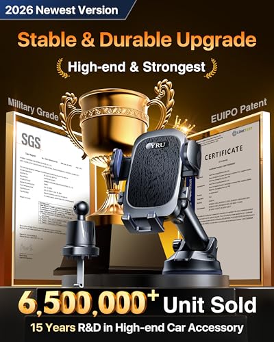 YRU True Military-Grade 360°Rotation Suction 2026 Ultimate Car Phone Holder - color: Jet Black