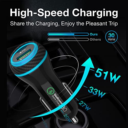 MOCA USB-C Car Charger, 51W USB-C & USB-A 2-Port PD/QC 3.0 Car Power Adapter W/ 2pcs 3.3ft A-P/C-P Cable Car Charger for iPhone 17/16/15 Series, Samsung Galaxy S25/S24/S23 Series, iPad Pro, AirPods - color: Carbon Fiber Texture