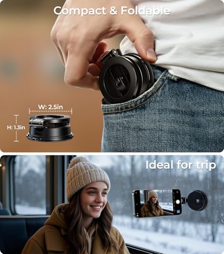 【Vacuum Suction Folding Car Mount】Magnetic Car Phone Holder for magsafe, Aerospace Alloy Arm, Best Dashboard/Windshield/Screen Holder for Your Car/Tesla/Gym/Mirror/Shower/Smooth Surface/iPhone - size: Windshield+Dash+Mag Safe