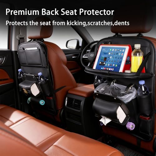 Universal Premium Leather Foldable Car Backseat Organizer with Table Tray, Car Seat Back Protector with Garbage Bag Touch Screen Pad Holder, Car Kick Mats with Tissue Box (Black) - color: Back