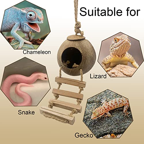 Crested Gecko Coconut Hut with Ladder,Natural Bearded Dragon Coco Den Reptile Shell Hideout Husk Hut Climbing Plants Leaves Tank Accessories for Lizard Chameleon Snakes