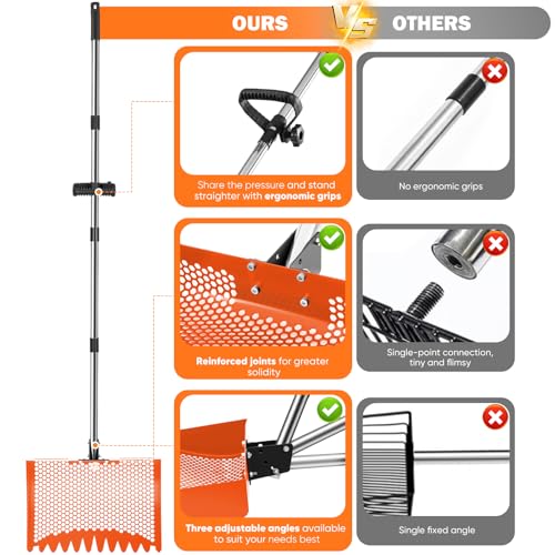 12inch Chicken Poop Scooper & Rake 2-in-1, Heavy Duty Metal Chicken Coop Scoop for Sand with Ergonomic Grip, Adjustable Angle Stainless Steel Chicken Coop Rake Sifting Shovel (37-64"),Orange - color: Orange