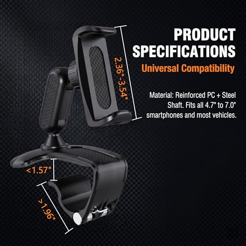 Car Dashboard Phone Holder, 360° Rotating Navigation Stand, Anti-Shake Clip-On Design, Universal Phone Mount for Dashboard, Rearview Mirror & Sun Visor, Hands-Free Car Accessory (Black)