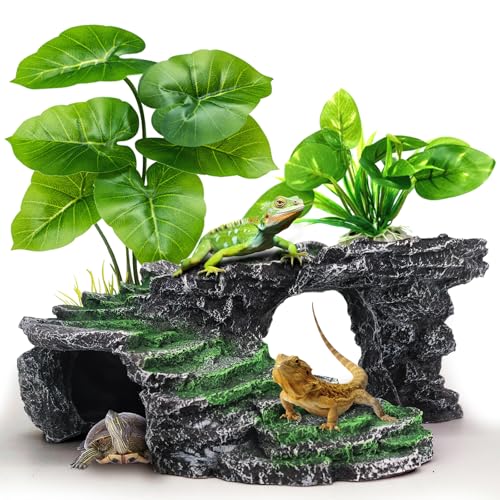 GOZILLA Turtle Basking Platform Kit, Reptile Habitat Hideout, Decorative Resin for Aquarium & Terrarium, Including Artificial Plant*2.(Black-M-Kit)