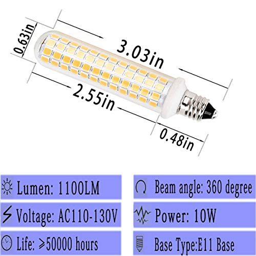New Upgrade -E11 led Bulb,125 LEDs 100W 120W Halogen Bulbs Equivalent, 10w 1100lm, E11 Mini Candelabra Base Warm White 3000k,AC 110V/130V,JD T3 T4 Bulb (2 Packs) - color: Warm White*2, size: 2 Count (Pack of 1)