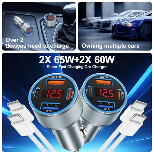 iPhone Fast Car Charger,65W 4-Port USB C Car Phone Charger with Voltmeter - color: Gray