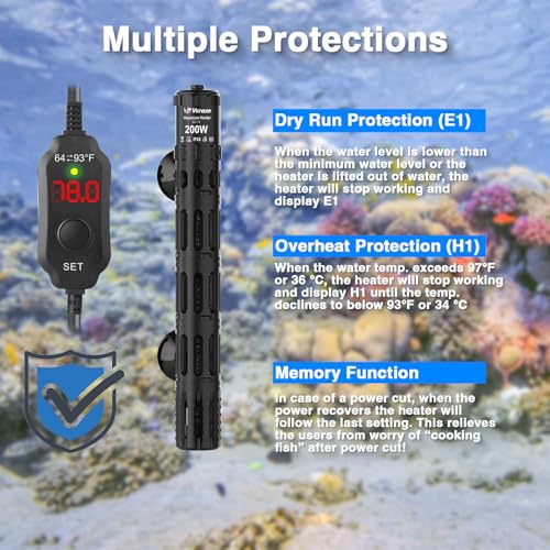 Aquarium Heater 200W, Submersible Fish Tank Heater with LED Digital Display, Auto Power-Off When Leaving Water & High Temp Protection, for Fresh and Salt Water Tanks 20-40 Gal - size: For Tanks 20-40 Gal