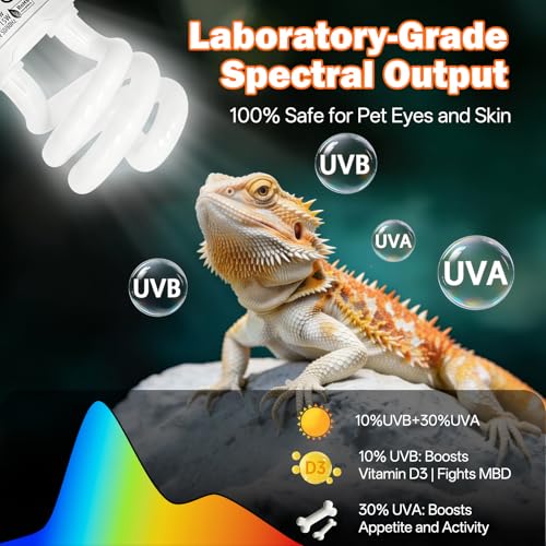 UVB Light for Reptiles 10.0: Bearded Dragon UVB Light for Desert Habitats,15W UVA UVB Reptile Light Bulb for Lizards Tortoises,Terrarium Compact Fluorescent Lamp-UVB Bulbs with Free UV Sensor Card - size: 5.5INCH-10.0