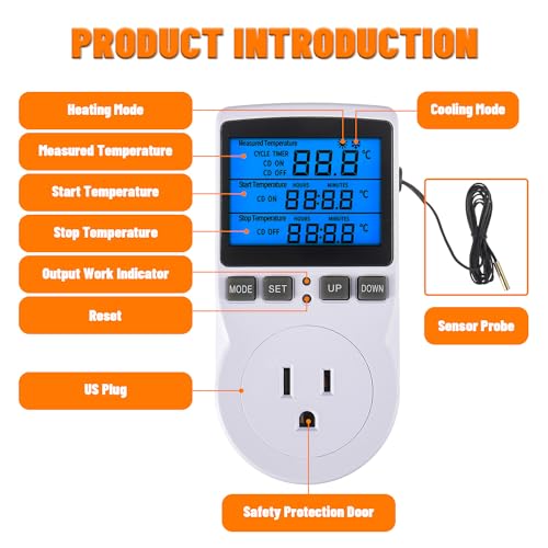110V Digital Temperature Controller, LCD Screen Heating Cooling Thermostat Outlet Socket with Sensor Timer Regulator for Reptile Incubator Greenhouse Brewing Refrigerator