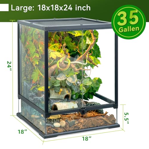24x18x18'' Glass Reptile Tank Front Opening Terrarium Suitable for Leopard Geckos, Snakes, Tree Frogs, Chameleons,Watertight Base, Ventilated Metal Mesh Top, Pre-Drilled Cable Holes - size: 24'' x 18'' x 18''