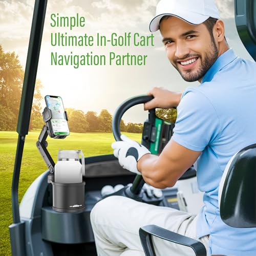10L0L Updated ABS Golf Cart Cup Holder with Mobile Phone Holder Mount Compatible with Yamaha, EZGO, Club Car Golf Cart Model, 360° Rotatable Stand/One Click to Secure & Release/Expandable