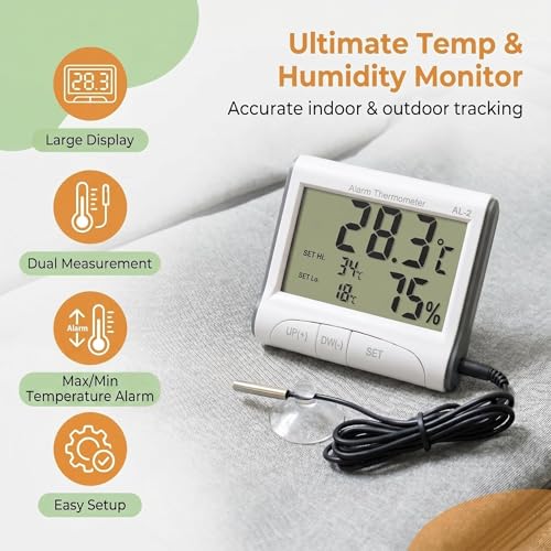 Reptile Thermometer Hygrometer with High Low Temperature Alarm Digital Aquarium Thermometer with Hook and Loop Temperature Humidity Meter Gauge for Terrariums, Vivariums, Reptile Tanks (1) - size: 1pc