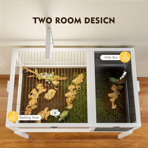 Wooden Tortoise Habitat Indoor Outdoor, 2-Story Tortoise House with Balcony & Storage Shelf, Large Turtle Enclosure Reptile Cage for Small Animals, Weatherproof Design, Gray