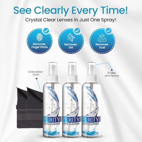 Purity Eyeglass Lens Cleaner Spray Kit - 3 x 8oz Lens Cleaner Spray Bottle - style: 5 Piece Set - 3 (8oz Lens Spray) + 2 (Microfiber Cloth)