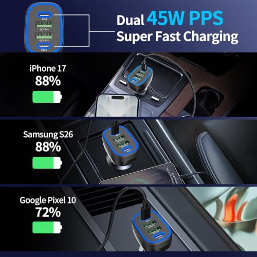 90W 4 Ports USB C Super Fast Car Charger for iPhone 17/Android Car Adapter