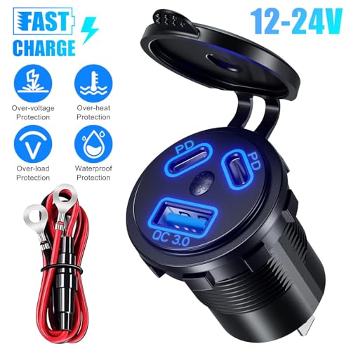 DC 12V-24V Car Charger Socket with PD & QC3.0 Ports LED Indicator Design Waterproof USB Outlet for Car Motorcycle Truck