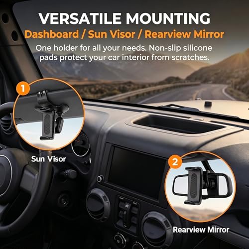 Car Dashboard Phone Holder, 360° Rotating Navigation Stand, Anti-Shake Clip-On Design, Universal Phone Mount for Dashboard, Rearview Mirror & Sun Visor, Hands-Free Car Accessory (Black)