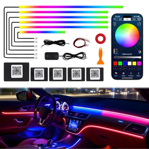 Dreamcolor Acrylic Interior Car LED Strip Lights, 6 in 1 Ambient Lighting Kit with Wireless APP, Dynamic Chasing Music Sync Fiber Optic Lights with DIY Mode, Car Inside Lighting Accessories