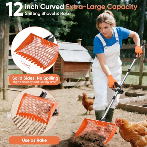 12inch Chicken Poop Scooper & Rake 2-in-1, Heavy Duty Metal Chicken Coop Scoop for Sand with Ergonomic Grip, Adjustable Angle Stainless Steel Chicken Coop Rake Sifting Shovel (37-64"),Orange - color: Orange