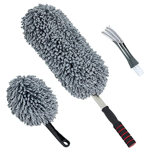 (3 Pack) Microfiber Car Duster Exterior Scratch Free, Extendable Handle Interior Multipurpose dust Cleaning Duster for car - color: Gray, size: Medium