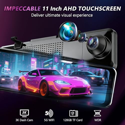 3 Channel Mirror Dash Cam with Front 3K, Cabin & Rear 1080P, 11" Rear View Mirror Camera with WiFi/Night Vision/G-Sensor/Parking Monitor/Reverse Assist /128GB, Backup Camera for Cars/Trucks