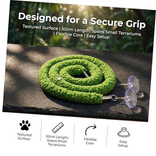 DECHOUS Flexible Green Plush Reptile Jungle Vine Rope with Suction Cup Hook for Lizard and Chameleon Tank Habitat, Realistic Design Climbing Accessory for Terrarium Enclosure