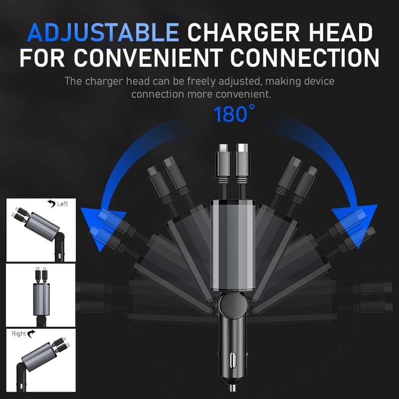TICCI Retractable Car Charger [60W USB C with Cables] 4-in-1 Retractable Car Charger Fast Charging for iPhone 16, 15, 14, 13, 12 Series, USB-C, Android - color: Blue Grey