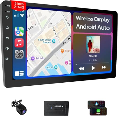Haudio 9-Inch Double-DIN Android Car Stereo, Wireless Apple CarPlay and Android Auto, 2GB RAM, 64GB Storage, Bluetooth, Backup Camera, GPS Navigation, Wi-Fi, FM/AM/RDS Radio, 1280 x 720 Touchscreen - size: 9 inch