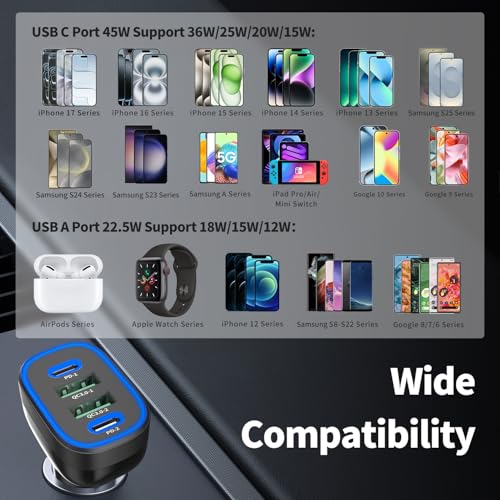 90W 4 Ports USB C Super Fast Car Charger for iPhone 17/Android Car Adapter