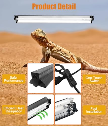 T5 Reptile Light Fixture Combo Kit 24W Light Fixture Reptile Terrarium Hood 10.0 UVB Light Bulb Fluorescent Tube for Tropical and Deserts Such as Bearded Dragon Lizards and Tortoises - size: 24W T5 Suite