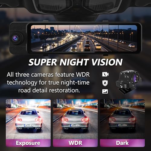 3 Channel Mirror Dash Cam with Front 3K, Cabin & Rear 1080P, 11" Rear View Mirror Camera with WiFi/Night Vision/G-Sensor/Parking Monitor/Reverse Assist /128GB, Backup Camera for Cars/Trucks